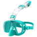 A turquoise snorkeling mask with an attached snorkel, similar in design to the first one, is featured. The snorkel is clear with black accents and has a valve at the top to keep water out.