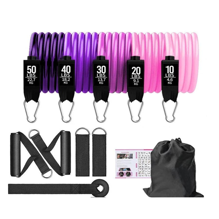 A set of resistance bands in gradient colors from pink to purple with various weight levels displayed with handles and attachments.