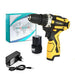 Yikoda cordless power drill set, which includes the drill, a 16.8V lithium battery, a charger, and a box. The drill's yellow and black design highlights its sturdy build and user-friendly features.