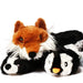 Close-up view of three plush dog toys featuring an orange fox, a black and white skunk, and a gray penguin.