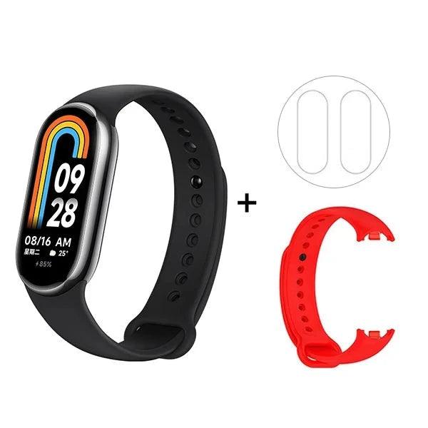 Smartwatch with black band and red replacement band.