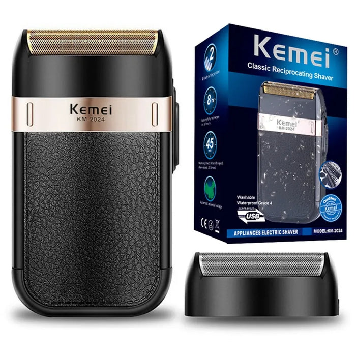 The Kemei shaver alongside its packaging box and additional foil head, highlighting the shaver's design and the key features listed on the box.