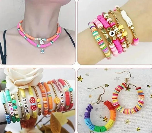 Another collage of handmade jewelry, including vibrant necklaces and bracelets with different charms and beads. The image emphasizes the creative and colorful nature of the pieces.