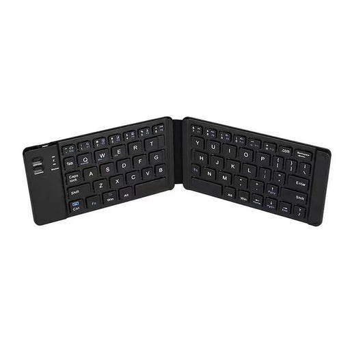 Black portable folding keyboard in a partially open position.