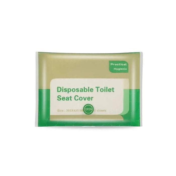 Packaged disposable toilet seat cover in a sealed green and beige packet, labeled as practical and hygienic. Containing 10 sheets.