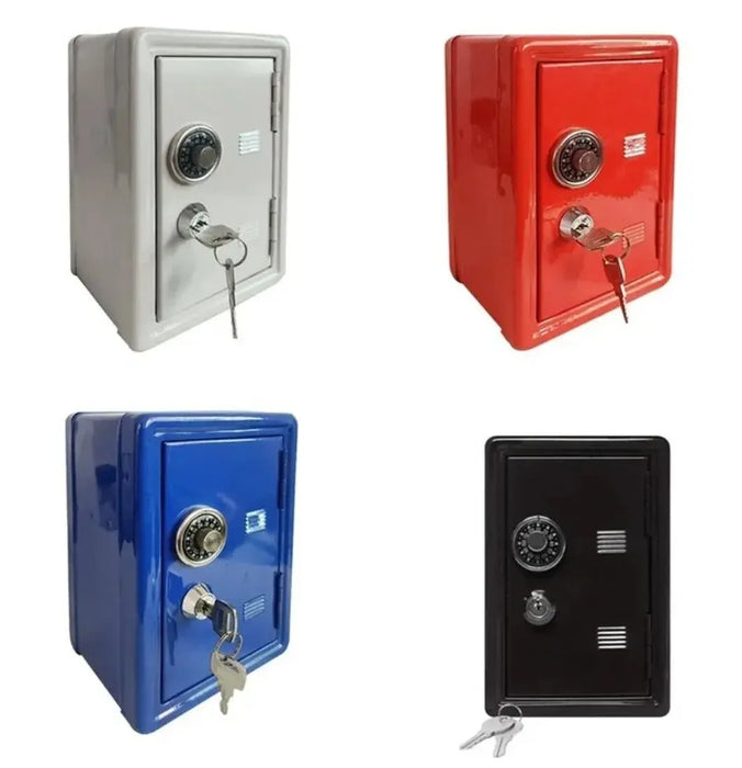 Four metal safes in different colors—gray, red, blue, and black—each with a combination dial and key lock. The safes are displayed individually, each with a key inserted into the lock.