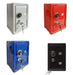 Four metal safes in different colors—gray, red, blue, and black—each with a combination dial and key lock. The safes are displayed individually, each with a key inserted into the lock.