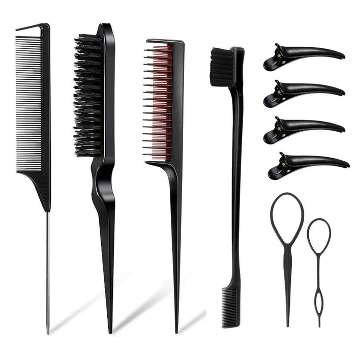 Set of black hair styling tools including a small brush, a fine-tooth comb, a wide-tooth comb, a multi-tooth hairbrush, hair clips, and loop tools.