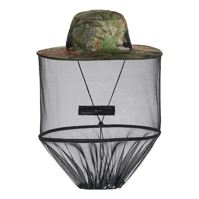 Jungle-patterned hat with a black mesh net for face protection, featuring a jungle design.