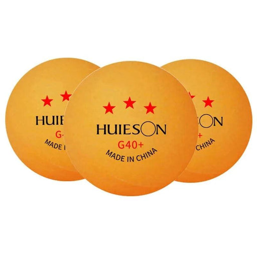 Three orange Huieson G40+ table tennis balls with three red stars and "Made in China" text.