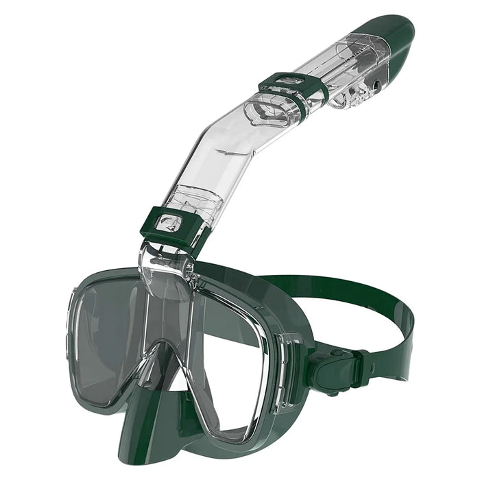 A army green snorkeling mask with an attached snorkel, similar in design to the first one, is featured. The snorkel is clear with black accents and has a valve at the top to keep water out.