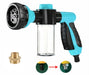 A blue hose nozzle with a clear soap dispenser attached, along with a shower adapter fitting shown separately.