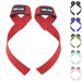 A pair of red lifting straps with the "MKAS" logo on black patches. The straps are arranged in an overlapping "X" shape. To the right, six pairs of lifting straps in various colors (black, blue, green, mint, and pink) are shown in a vertical row.