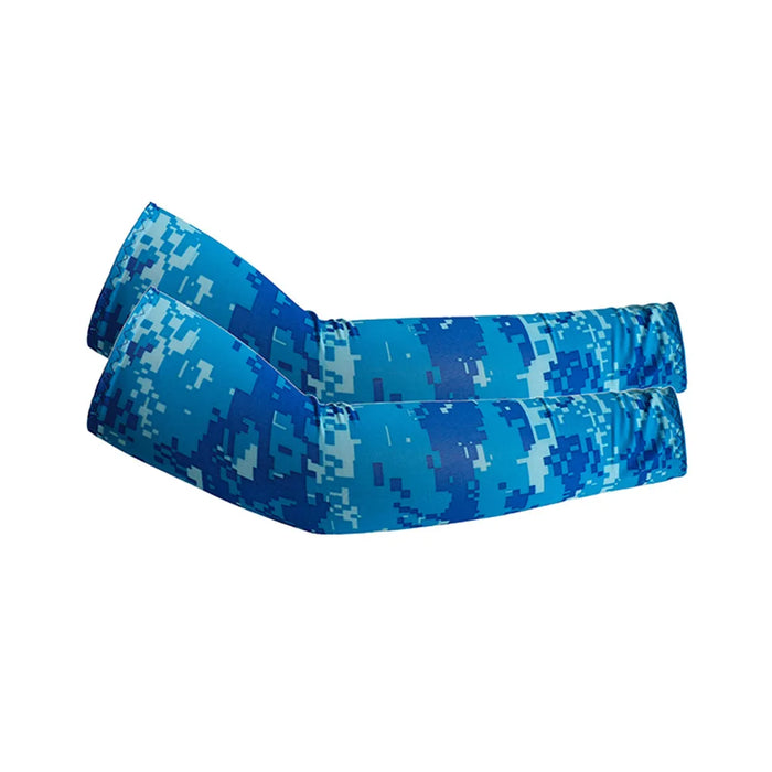 Bright blue pixelated camouflage sports arm sleeve, perfect for active wear in sports and outdoor adventures. Display on white background.