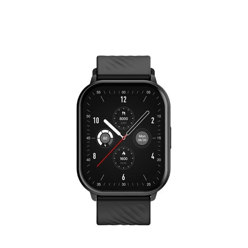 smartwatch, highlighting its rectangular shape, black strap, and multifunctional display, combining both analog and digital elements.