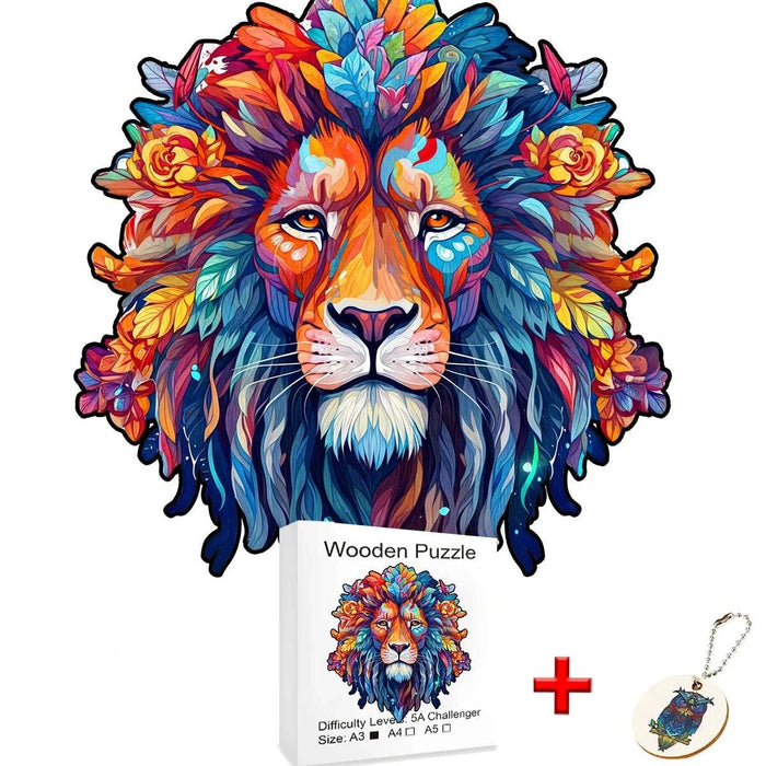 A colorful, detailed wooden puzzle of a lion, accompanied by an A4 size box and a keychain.