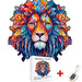 A colorful, detailed wooden puzzle of a lion, accompanied by an A4 size box and a keychain.