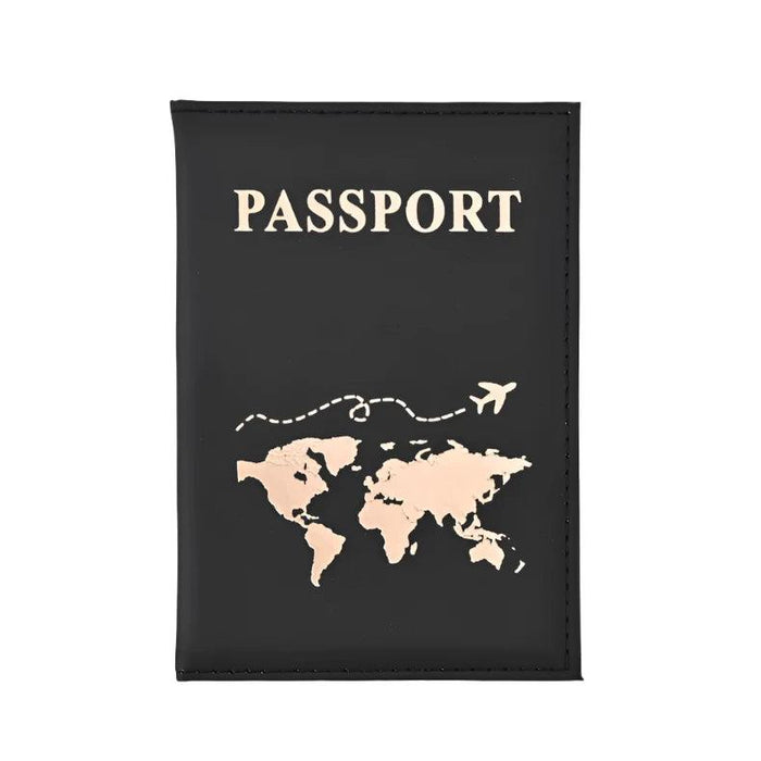 A single black passport holder with a gold world map design and "PASSPORT" in gold text.