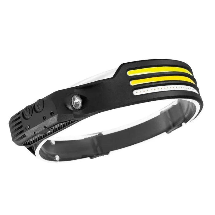 black headlamp features three yellow LED strips and additional white LED dots below them, providing more comprehensive illumination. The design includes the side buttons and focused light.