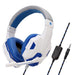 A white and blue gaming headset with a non-detachable microphone, shown with a 3.5mm jack and an in-line volume control on the cable. The headset features red mesh padding on the ear cups and headband. Display on white background.