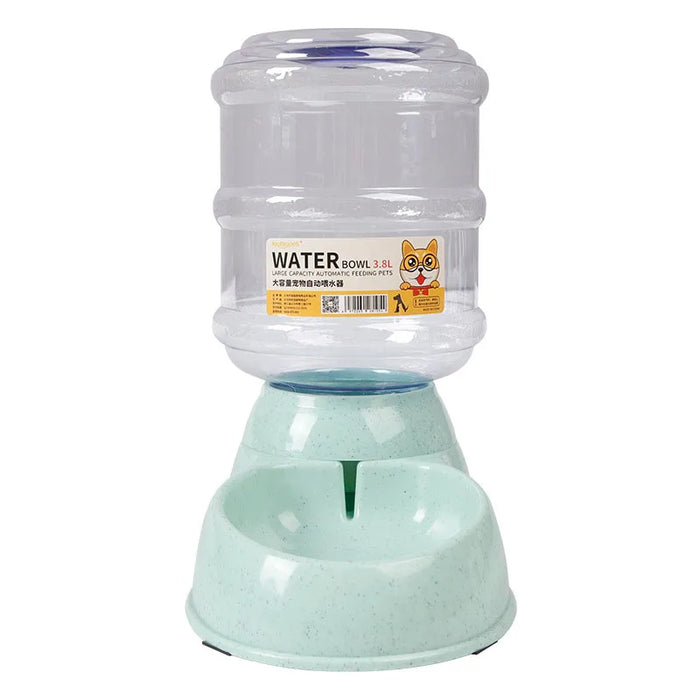 An automatic pet water dispenser with a large clear water container labeled "WATER Bowl 3.8L". The container is mounted on a light green base that has a built-in water bowl.