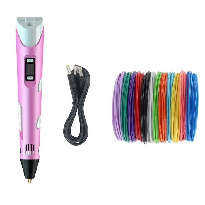 A pink 3D pen with a USB charging cable and a variety of filament coils in different colors.