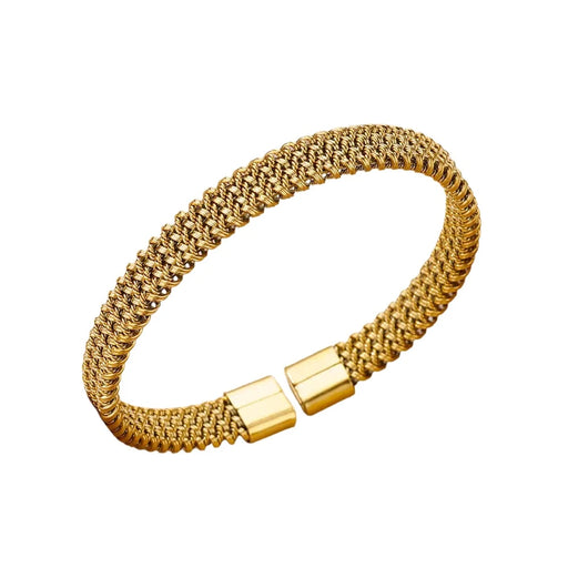 Gold mesh cuff bracelet with open ends, displayed on a white background.