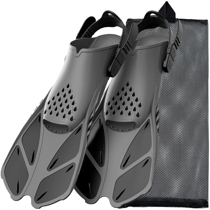 Gray Snorkel Fins with mesh bag.