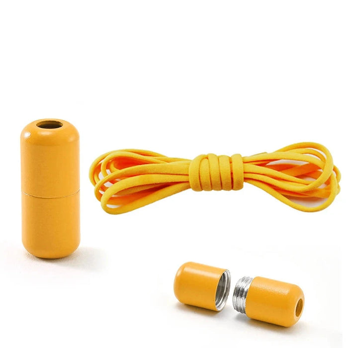 Orange magnetic shoelace closure set with laces and a magnetic lock.