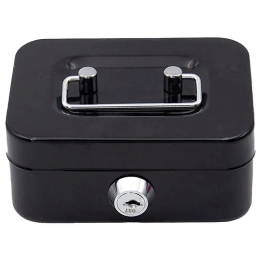 A small black lockbox with a metal handle on top and a keyhole on the front, viewed from the front.