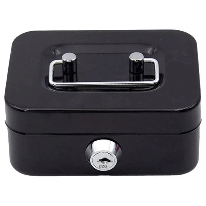 A small black lockbox with a metal handle on top and a keyhole on the front, viewed from the front.