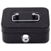 A small black lockbox with a metal handle on top and a keyhole on the front, viewed from the front.