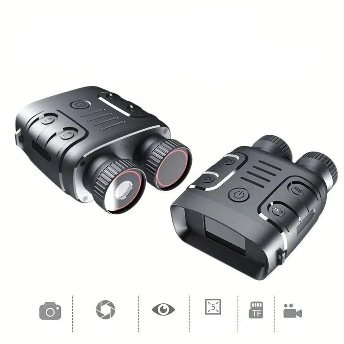 Two black digital binoculars devices showcasing the front and back views with function icons displayed below.