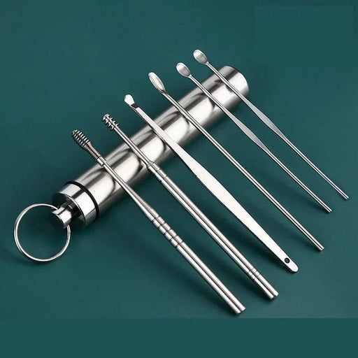 Silver ear cleaning tools set with a cylindrical metal case on a green background.