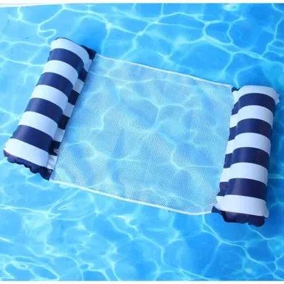 Inflatable pool float with gradient blue and white colors in the water.