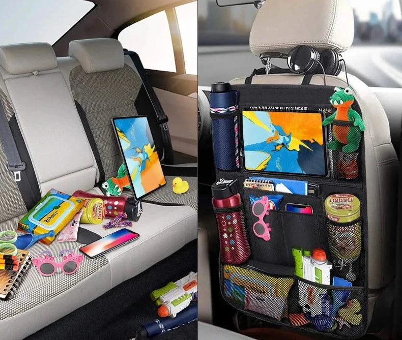 Split image: scattered items on car seat vs. neatly organized items in a backseat organizer.