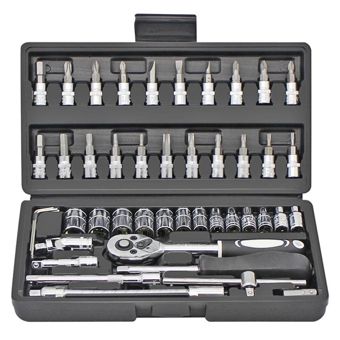 a gray plastic carrying case with an organized set of socket wrenches and bits. The case includes a ratchet wrench and various extensions, highlighting its versatility for different tasks.