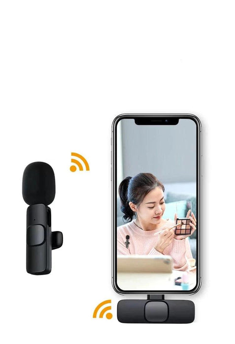 Wireless microphone connected to a smartphone recording a makeup tutorial.