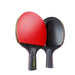 Two table tennis paddles, one with a red rubber surface and the other with a black rubber surface, standing upright.