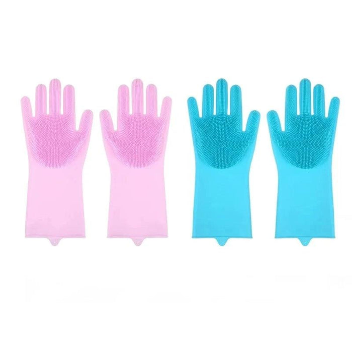 Two pairs of pink and blue silicone cleaning gloves with rubber bristles on the palms and fingers, displayed against a white background.