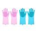 Two pairs of pink and blue silicone cleaning gloves with rubber bristles on the palms and fingers, displayed against a white background.