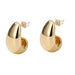 a pair of chunky, gold hoop earrings with a unique curved design. The earrings have a polished and shiny finish, also set against a white background.