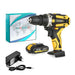 Yikoda cordless power drill along with its accessories: a 21V lithium battery, a charger, and a box. The drill’s robust yellow and black construction is evident, promoting its powerful performance.