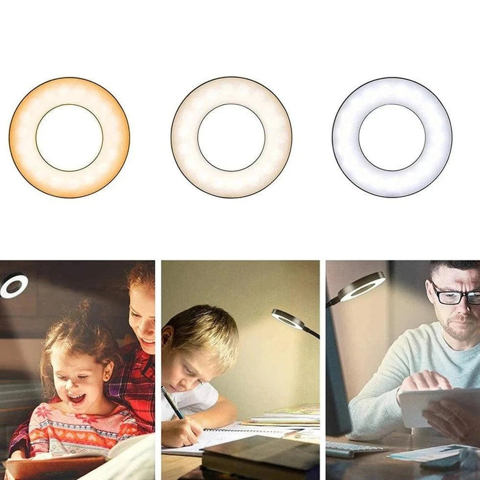 A series of images demonstrating the LED ring light's color temperature options: warm, neutral, and cool light. Below these are photos of people using the lamp for various activities like reading to a child, doing homework, and working on a tablet.