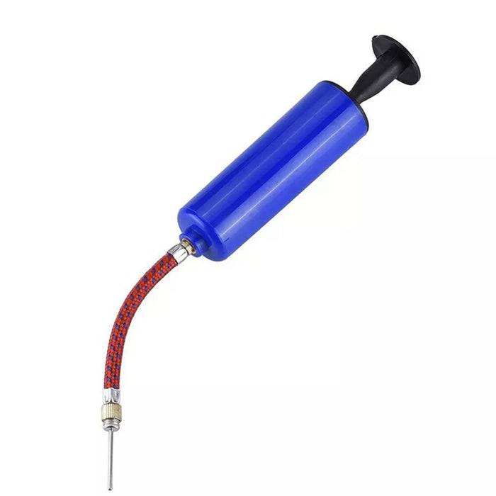 A blue hand pump with a black handle and a red hose attached.