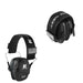 Two black Arm Next earmuffs in different positions, showcasing their foldable design and lightweight portability.