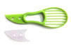 A green avocado slicer with a detachable blade, showcasing its components.