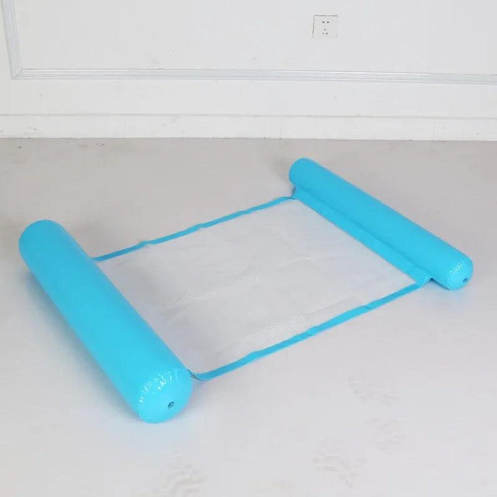 Inflatable light blue pool float with white mesh laid out on the floor.