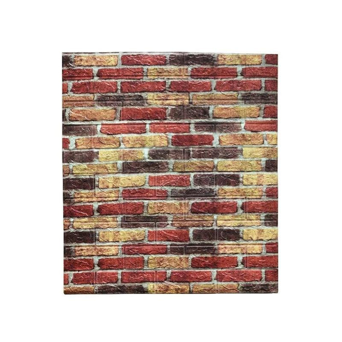 A wall panel with a colorful brick design in shades of red, yellow, and brown.