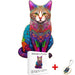 A colorful wooden puzzle of a cat with vivid, swirling patterns, presented with an A4 size box and a keychain.